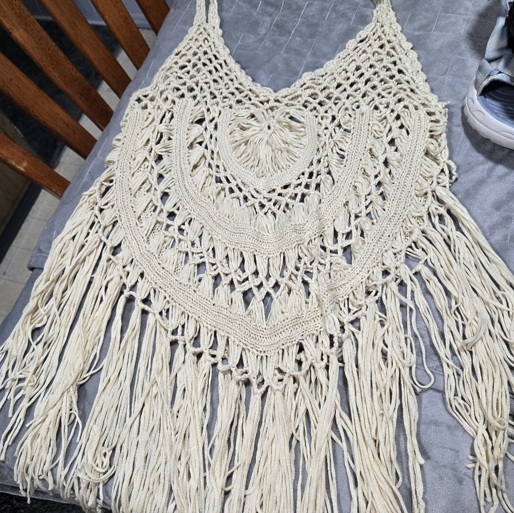 Cream Crochet Fringe Top Size Large
